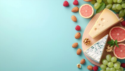 Gourmet cheese board with fresh fruits and nuts on a blue background.