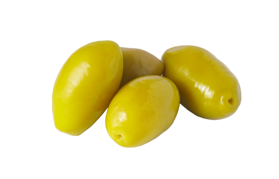 Green pitted olives appetizer ingredient on transparent background