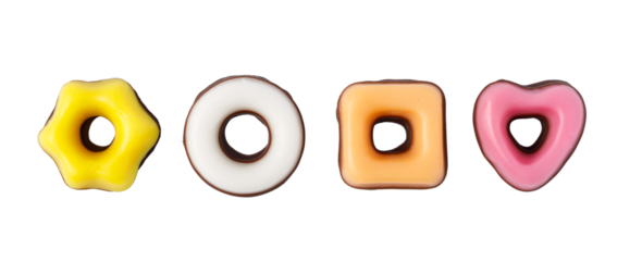 Colorful glazed chocolate donuts in various shapes on transparent background