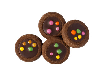 Chocolate cookies with a chocolate topping and colorful candy sprinkles