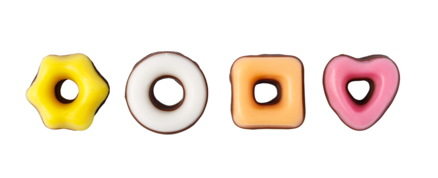 Colorful glazed chocolate donuts in various shapes on transparent background