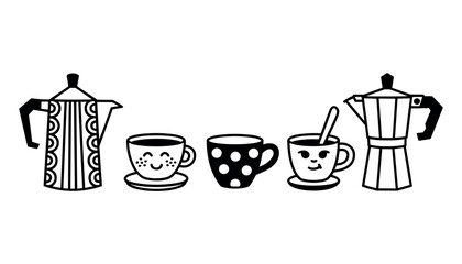 Two black and white moka pots flank three cups with faces and patterns on a white background coffee maker