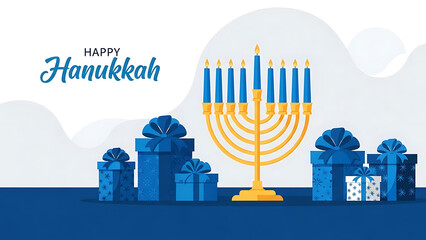 Happy hanukkah celebration with menorah and blue gifts