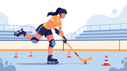 Obraz premium Flat vector illustration of a woman playing roller hockey outdoors in sunny summer environment. Ideal for dynamic sports lifestyle and fun outdoor recreation visuals