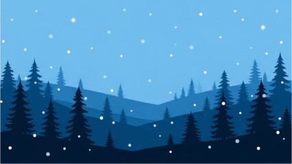 Winter Forest Background with Snowfall in Shades of Blue and Silhouette Trees