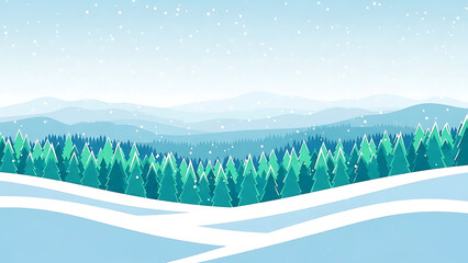 Serene winter landscape with snow covered hills and evergreen forest
