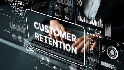 Hands Typing on Keyboard with Digital Graphics Emphasizing Customer Retention Strategies for...