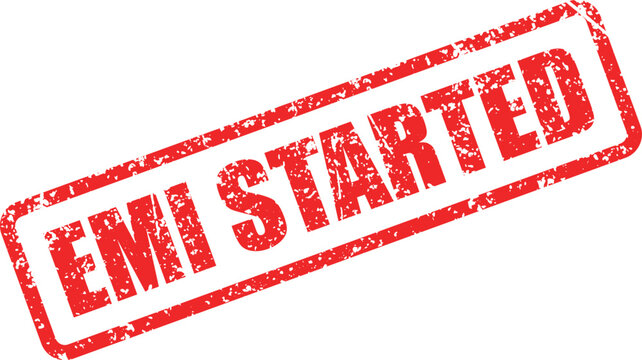 A distressed red rubber stamp indicates that the EMI has started against a white backdrop