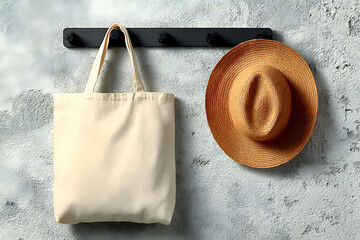 Minimalist Summer Design with Straw Hat and Canvas Tote Bag for Wall Decor