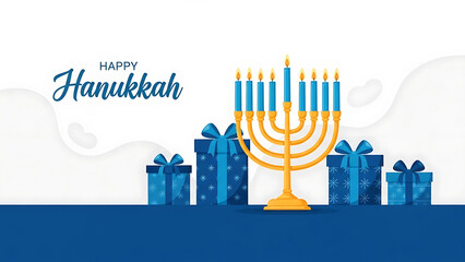 Happy hanukkah celebration with menorah and gifts