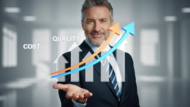 Mature businessman presenting quality and cost growth with upward arrow on open palm in soft focus white background