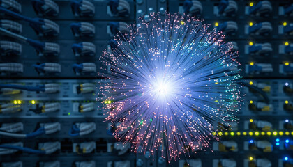 Fiber optics bloom before server racks, symbolizing global connectivity. Ideal for illustrating internet infrastructure, cloud computing, and data security.