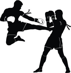 Two Muay Thai fighters in black silhouette striking