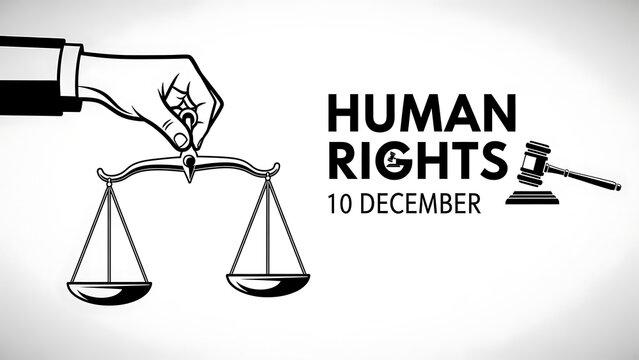 Hand holding scales of justice with human rights text and gavel