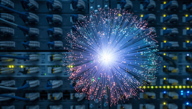 Fiber optics bloom before server racks, symbolizing global connectivity. Ideal for illustrating internet infrastructure, cloud computing, and data security. - Powered by Adobe