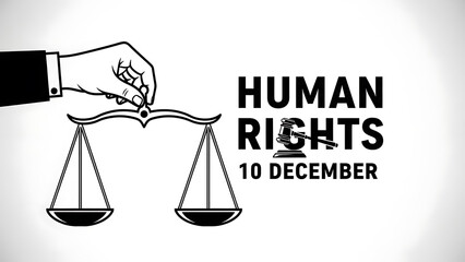 Hand holding scales of justice with human rights day text