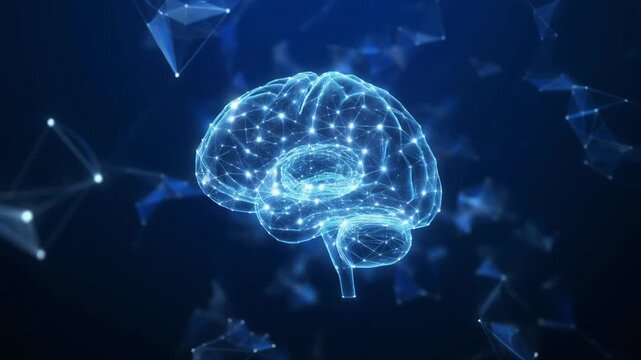 Artificial Intelligence and Neural Network A Digital Depiction of the Human Brain Blue Brain spinning in a 3D animation with neurons sparkling