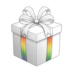 Beautifully designed gift box with rainbow ribbon and large bow sits against transparent background, perfect for celebrations