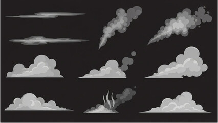 Naklejka premium Collection of stylized smoke and cloud effects for various graphic design projects, featuring steam, vapor, and smog elements