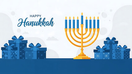 Happy hanukkah greeting with menorah and blue gift boxes