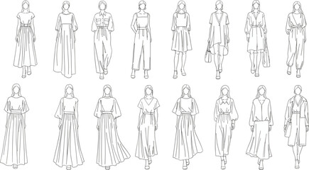 Fashion sketch collection, women outfits, dress design, garment illustration, style variations, clothing silhouettes, runway inspiration, flat vector illustration