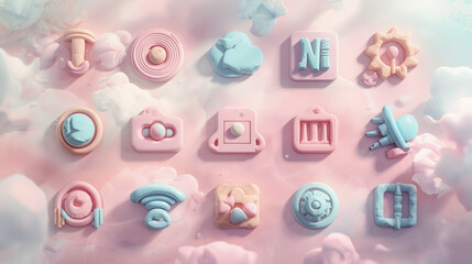 A creative collection of whimsical 3D application icons rendered in a soft, pastel clay style on a dreamy, cloudy background