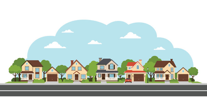 Suburban neighborhood street with a row of diverse family houses, green trees, and a road under a blue sky with clouds.