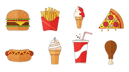 Delicious Fast Food Icons Burger, Fries, Pizza, and More!