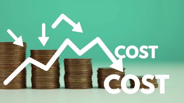 Stacks of coins decrease with arrows and cost line graph on blue. Concept of financial cost decrease, loss and economic downturn.