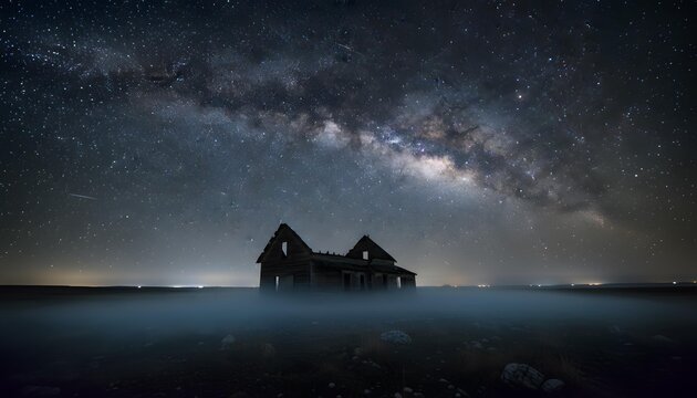 Abandoned Wooden House with Misty Field Under Bright Milky Way Starry Night Sky Landscape - Powered by Adobe