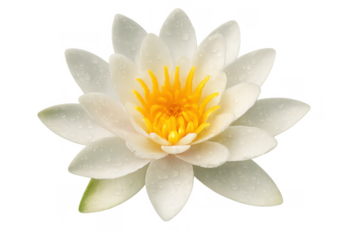 White water lily flower floating, showing delicate petals, vibrant yellow stamens, and fresh water drops on transparent background