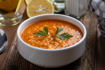 Traditional delicious Turkish soup; Turkish name; Tarhana or Ezogelin corbasi