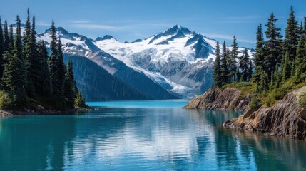 Majestic mountains rise in the background while a clear turquoise lake reflects the sky. Tall evergreen trees frame the tranquil scene creating a peaceful atmosphere on a sunny day.