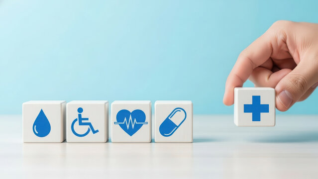 Hand placing medical cross cube next to health care insurance wellness symbols - Powered by Adobe