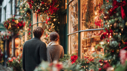 Romantic couple walking through Christmas-decorated street with glowing shop windows