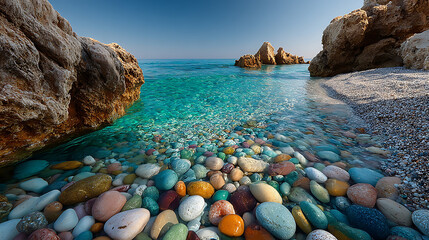 A beach with colorful pebbles and clear turquoise water surrounded by rocky formations on a sunny day