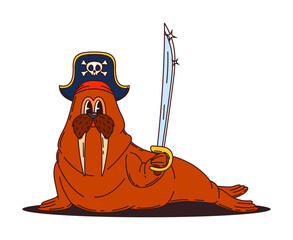Cartoon walrus animal pirate and corsair ship crew character with a sharp sword. Isolated vector funny morse sea creature filibuster personage, wearing captain tricorn hat and holding saber in its fin © Buch&Bee