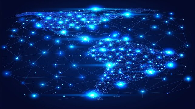 Futuristic neon south america map highlighting digital alienation and global connectivity vibes - Powered by Adobe