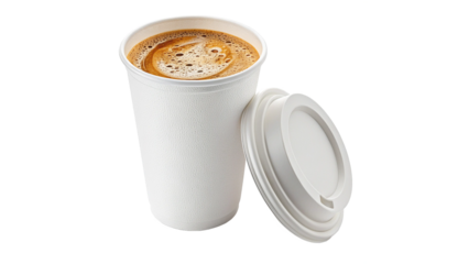 White Takeaway Coffee Cup with Coffee and Lid Isolated on Transparent Background