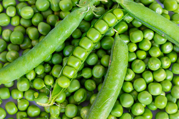 Fresh green peas and open pods displayed in a vibrant close-up, ideal for food packaging, recipe visuals, farming promotions, healthy diet campaigns, nutrition blogs, organic product ads.
