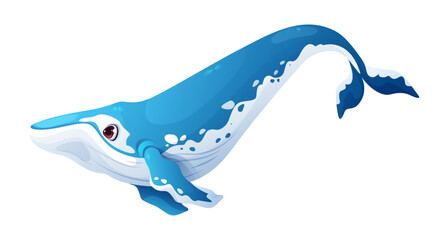 Cartoon whale character swimming underwater with friendly expression. Isolated vector giant sperm whale, ocean inhabitant. Marine mammal animal personage with blue curve body white belly and spots © Buch&Bee