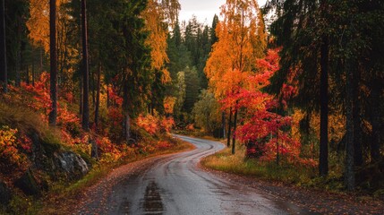 Fototapeta premium A winding road meanders through a picturesque forest filled with vibrant fall colors.