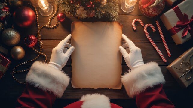 Santa claus holding a blank scroll surrounded by christmas decorations