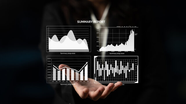 A business professional showcases a summary report filled with data visualizations, including graphs and charts, representing significant growth trends and insights. Impute