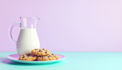 Milk pitcher and chocolate chip cookies on a plate.