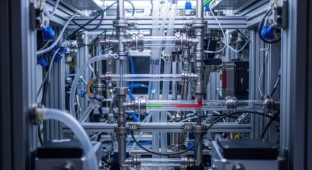 Multilayered piping network within a microgravity experiment rack illustrating the complex fluid circulation system tested in zerogravity conditions.
