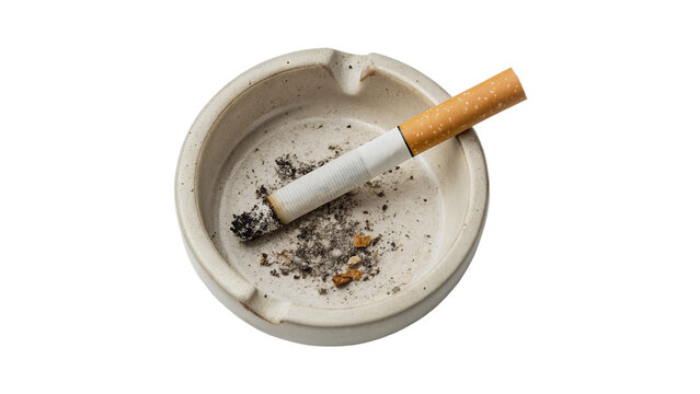 Burning Cigarette with Ash in Ceramic Ashtray Isolated on Transparent Background