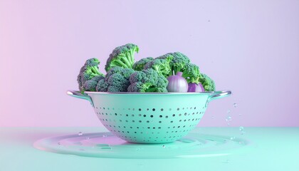 Fresh Broccoli Florets in a Colander with Vibrant Neon Lighting.