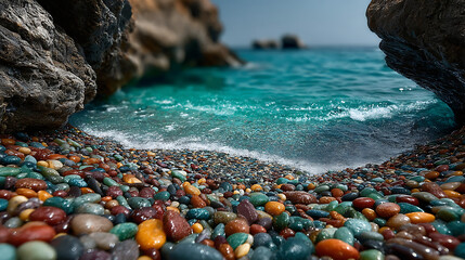 A colorful pebble beach meets turquoise water framed by rocks on a sunny day at the coast