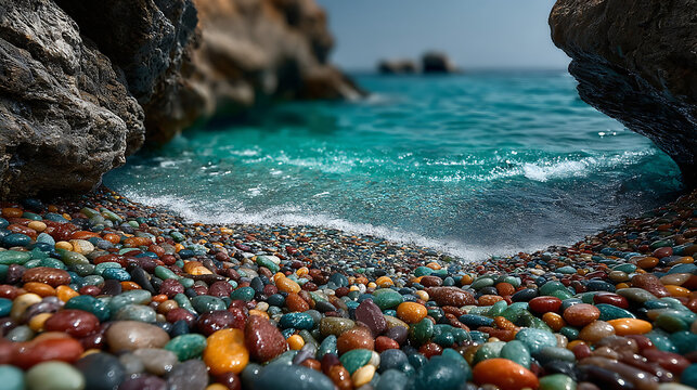 A colorful pebble beach meets turquoise water framed by rocks on a sunny day at the coast